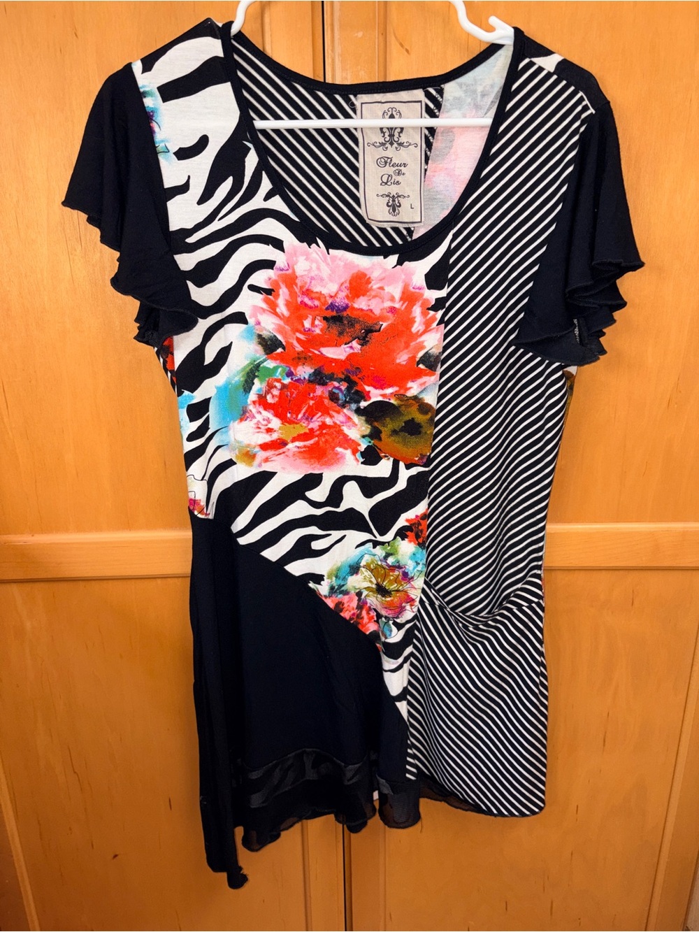 Mixed Print Tunic Top- Floral, Black, White, Red Boho Lagenlook Size Large